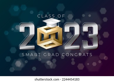 Klasse 2023 Silver Metallic Numerals Logo mit irrationalem Cube Unmöglichem Bildmaterial und Smart Grads Grads Grads Gravitation Lettering - Chrome auf hellblauem Hexagon-Hintergrund - Vektorgrafikdesign