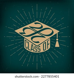 Clase de 2023 Graduación Académica Cuadrada Forma de cierre Signo Invertido y Numerales Letras con Logotipo Zeroes Haciendo Loop Mobius - Oro sobre fondo turquesa - Diseño gráfico de contraste vectorial