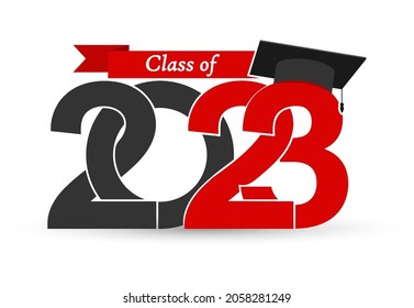 Class 2023. Stylized inscription with the year and the graduate's cap. Vector illustration for graduation themed design, simple style.