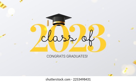 Class of 2023 symbol template. Vector illustration with design for decoration of degree ceremony and graduation 2023. Icon for decoration of social media, banners, posters. Graduation cap, confetti.