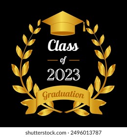 Class of 2023. Template of graduate 2023. Diploma certificate 2023. Laurel crown cap of graduate 2023 in vercor