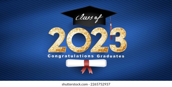 Class of 2023 Vector text for graduation gold design, congratulation event, T-shirt, party, high school or college graduate. Lettering for greeting, invitation card