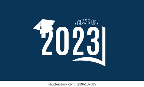 Class Of 2023. White Number, Education Academic Cap And Open Book On Blue Background. Template For Graduation Design Frame, High School, College Congratulation Graduate, Yearbook. Vector Illustration.