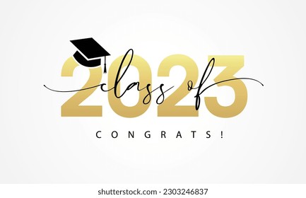 Class of 2023 word lettering script. 2023 Congratulation Graduate design with golden numbers and graduation academic cap. Vector illustration