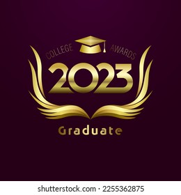 Class of 2023 year graduation logo. Open golden textbook as awards wreath, creative concept. Isolated design. Educational or science reward idea.