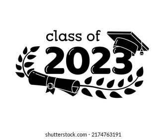 Class of 2023 year graduation sign, awards concept. Banner in monochrome style. Black emblem, white background. Creative design for your greetings card, simple design on white background, card, invita