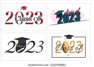 Class of 2023 year graduation sign, awards concept. Banner in monochrome style. Black emblem, white background. Creative design for your greetings card, simple design on white background, card, invita