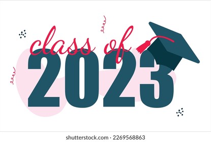 Class of 2023 year graduation sign, awards concept. Banner in monochrome style. Black emblem, white background. Creative design for your greetings card, simple design on white background, card, invita