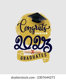 Class of 2023, You did it. Hand drawn brush black stripe and number with education realistic academic cap. Vector template for graduation party design, high school, college congratulation graduate.