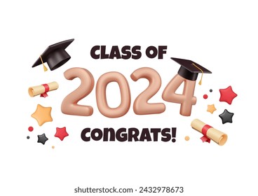 Class of 2024 3D vector illustration. Graduate hat, diploma and confetti of stars. Render of numbers and student cap. Congrats concept, ceremony announcement. Academic achievement in cartoon style.