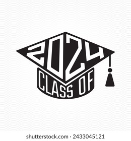 Class of 2024 Academic Graduation Square Cap Shape Sign Combined with Polygonal Numerals and Lettering Logo - Black on White Background - Vector Contrast Graphic Design