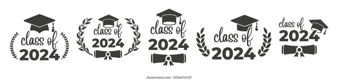 Class of 2024 badges. Congratulations graduates. Class of 2024 with graduation cap. Vector illustration.