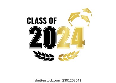 Class of 2024. Black gold number with education academic cap and laurel wreath on white. Template for graduation design, high school or college congratulation graduate, yearbook. Vector illustration.