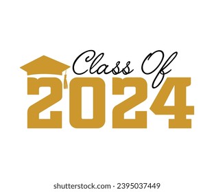 Clase De 2024. El Concepto De Felicitaciones Decoradas Para Los Graduados Escolares. Diseño Para Camiseta, Ilustración, Vector