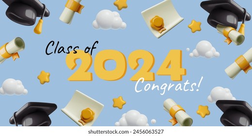 Clase de 2024 felicitaciones Anuncio de Vector de graduación 3D con dibujos animados, sombreros, estrellas y diplomas que vuelan en el cielo azul con nubes. Fondo de la ceremonia de celebración con objetos de representación tridimensionales.