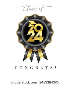 Class of 2024 congrats. Cute graduating banner concept with 3D graphic style black rosette and shiny golden elements. Creative badge. School awards design. Rewards ribbon template. Educational poster.