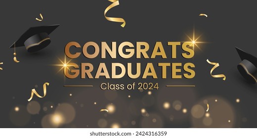 Clase de 2024. Felicitaciones a los graduados de texto con gorro de mortero 3d, diploma y elementos de celebración de confeti para la celebración de los graduados universitarios. Ilustración vectorial.