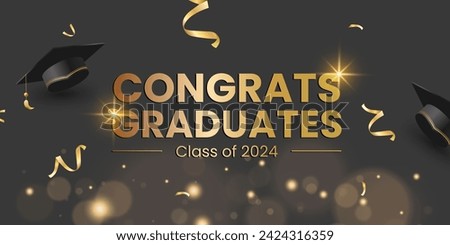 Class of 2024. Congrats graduates text with 3d mortarboard cap, diploma and confetti celebration elements for college graduate celebration. Vector illustration.