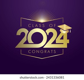 Class of 2024 congrats, graduating logo design. Badge concept. T shirt graphic. Creative golden number 20 24 and academic cap. Open notebook and shiny sun. Gold gradient. Educational icon. School sign