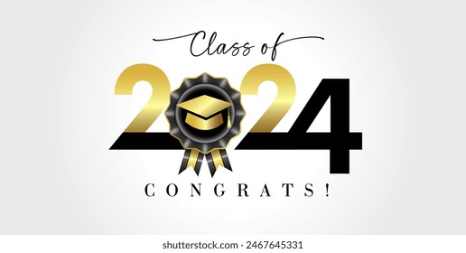 Class of 2024 Congrats typography logo design concept. Congratulations graduates with golden graduation cap in black rosette. Vector illustration
