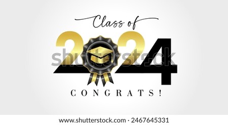 Class of 2024 Congrats typography logo design concept. Congratulations graduates with golden graduation cap in black rosette. Vector illustration