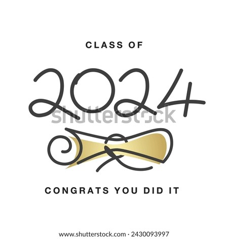 Class of 2024 congrats you did it. New unique modern handwritten line design numbers with golden diploma on white background