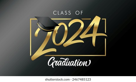 Class of 2024 Congratulation golden luxury calligraphy web slide. Congratulations graduates with black graduation cap in gold colors frame. Vector illustration