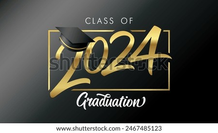 Class of 2024 Congratulation golden luxury calligraphy web slide. Congratulations graduates with black graduation cap in gold colors frame. Vector illustration