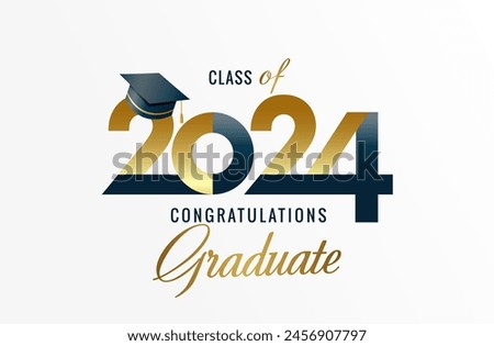 Class of 2024, Congratulation Graduate typography logo design. Congrats Graduates, concept for booth or web stories with black graduation hat. Vector illustration