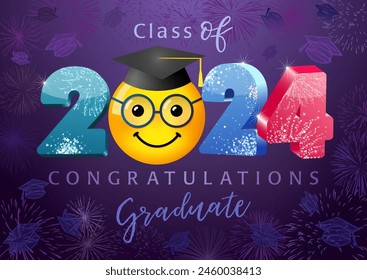 Class of 2024 congratulations graduate greeting card. Bright wallpaper banner with Internet character face. 3D graphic design. Shiny colorful number. Web icon. Graduating 3 D emoticon. School template