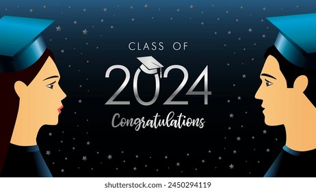 Class of 2024 Congratulations, graduate students with square academic cap. Congrats graduates 2024 class of with blue graduation hat. Vector illustration