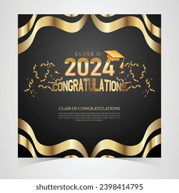 Class of 2024 Congratulations Graduates. Academic Cap and Diploma Graduation Ceremony. Vector Template for Senior Class of University, Year 2024 Banner, Party, High School or College Graduate