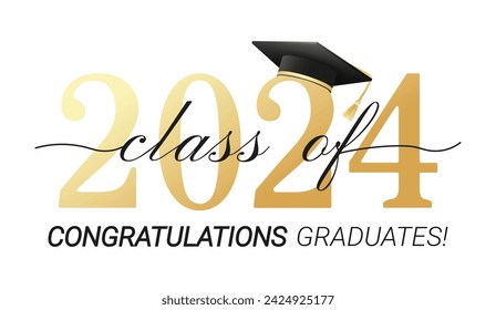 Class of 2024. Congratulations graduates with black and gold design isolated on white background for banner, greeting card, stamp, logo, print, invitation.Graduation event concept. Vector illustration