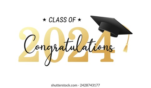 Class of 2024. Congratulations graduates with black and gold design isolated on white background for banner, greeting card, stamp, logo, print, invitation.Graduation event concept. Vector illustration