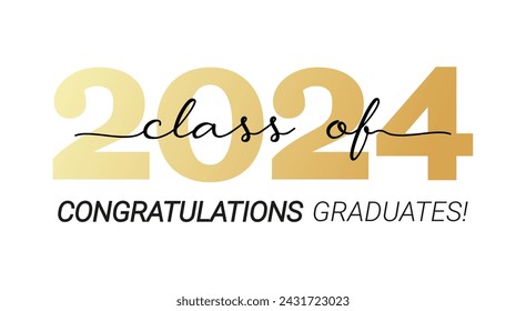 Class of 2024. Congratulations graduates with black and gold design isolated on white background for banner, greeting card, stamp, logo, print, invitation.Graduation event concept. Vector illustration