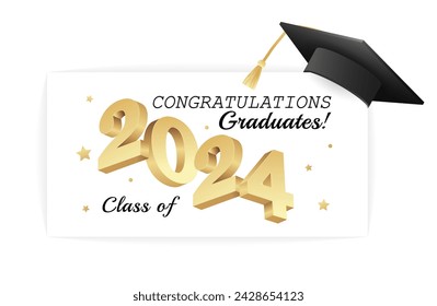 Class of 2024. Congratulations graduates gold graduation concept with 3d text and decorative elements. Graduation typography design template. Congrats graduates Flat style vector illustration