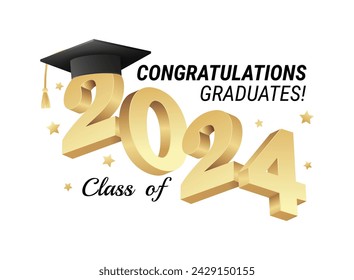 Clase de 2024. Enhorabuena a los graduados concepto de graduación de oro con texto 3d y elementos decorativos. Plantilla de diseño de tipografía de graduación. Felicitaciones graduados ilustración vectorial de estilo plano