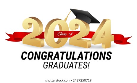 Class of 2024. Congratulations graduates gold graduation concept with 3d text and decorative elements. Graduation typography design template. Congrats graduates Flat style vector illustration