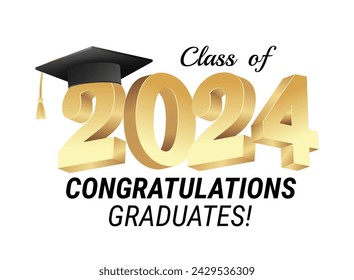 Class of 2024. Congratulations graduates gold graduation concept with 3d text and decorative elements. Graduation typography design template. Congrats graduates Flat style vector illustration