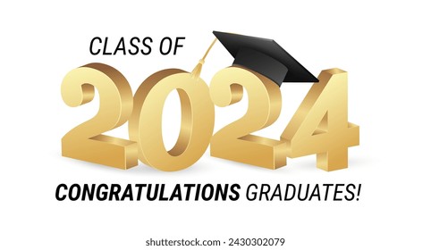 Class of 2024. Congratulations graduates gold graduation concept with 3d text and decorative elements. Graduation typography design template. Congrats graduates Flat style vector illustration