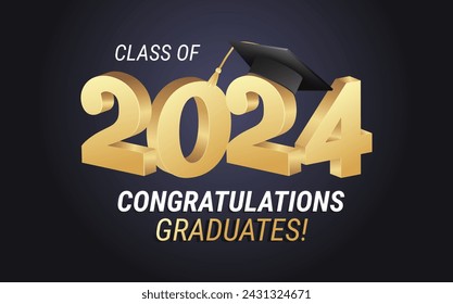 Class of 2024. Congratulations graduates gold graduation concept with 3d text and decorative elements. Graduation typography design template. Congrats graduates Flat style vector illustration