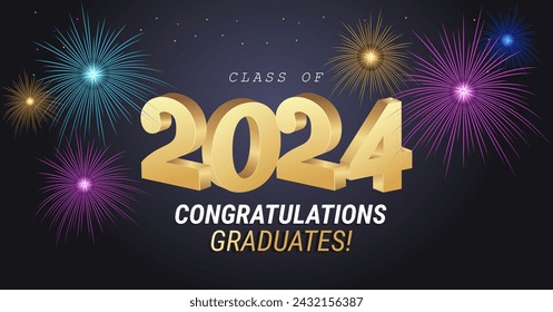 Class of 2024. Congratulations graduates gold graduation concept with 3d text and decorative elements. Graduation typography design template. Congrats graduates Flat style vector illustration