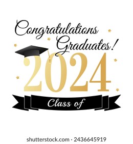 Class of 2024. Congratulations graduates graduation concept for banner, greeting card, stamp, logo, print, invitation. Graduation gold typography design template. Flat style vector illustration