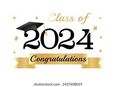 Class of 2024. Congratulations graduates graduation concept for banner, greeting card, stamp, logo, print, invitation. Graduation gold typography design template. Flat style vector illustration