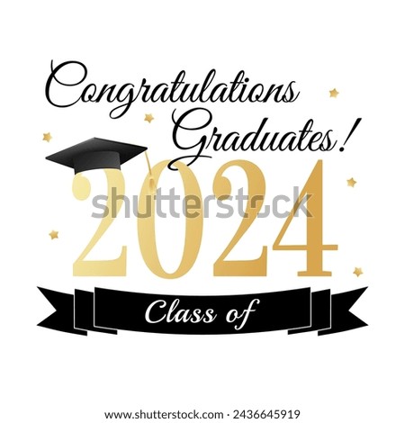 Class of 2024. Congratulations graduates graduation concept for banner, greeting card, stamp, logo, print, invitation. Graduation gold typography design template. Flat style vector illustration
