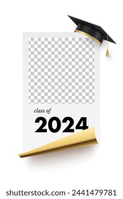 Class of 2024 congratulations for graduates vector illustration. Degree diploma rolled scroll with grad cap, transparent place for photo and letterings, congrats greeting card or poster template.