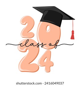 Clase de 2024, felicitaciones. Texto escrito a mano con tapa de graduación. Plantilla para la escuela secundaria o la universidad de diseño, invitaciones a graduados o banner. Ilustración del vector