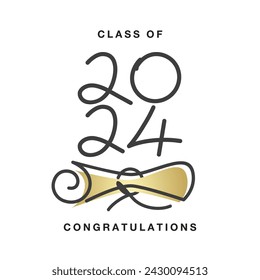 Class of 2024 congratulations. New unique modern handwritten line design numbers with golden diploma on white background