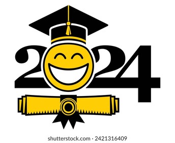 Class of 2024. Emoticon smile in graduation cap. Template for greeting, invitation card graduation party.  Vector on transparent  background