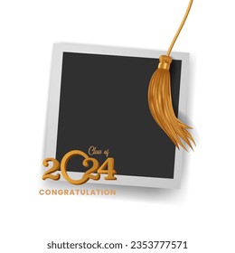 Class of 2024 with golden tassel and photo frame graduation party education for collage with white background